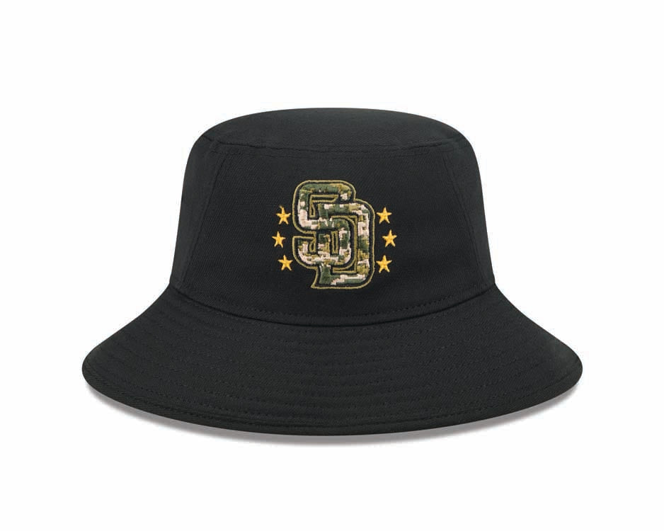 San Diego Padres New Era MLB Bucket Cap Hat Black Crown/Visor Camo Logo (2024 Armed Forces Day)