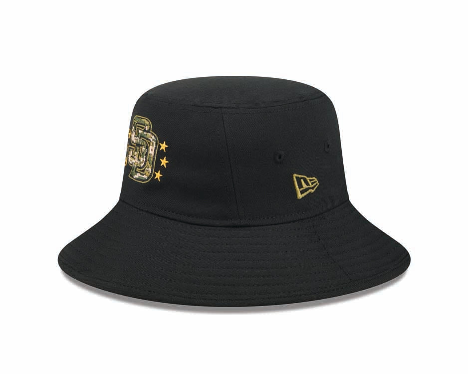 San Diego Padres New Era MLB Bucket Cap Hat Black Crown/Visor Camo Logo (2024 Armed Forces Day)