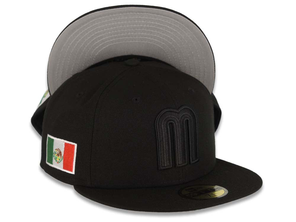 Mexico New Era WBC 59FIFTY 5950 Fitted Cap Hat Black Crown/Visor Black Logo Mexico Flag Side Patch Gray UV
