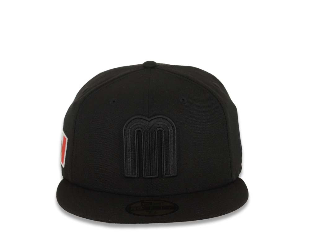 Mexico New Era WBC 59FIFTY 5950 Fitted Cap Hat Black Crown/Visor Black Logo Mexico Flag Side Patch Gray UV