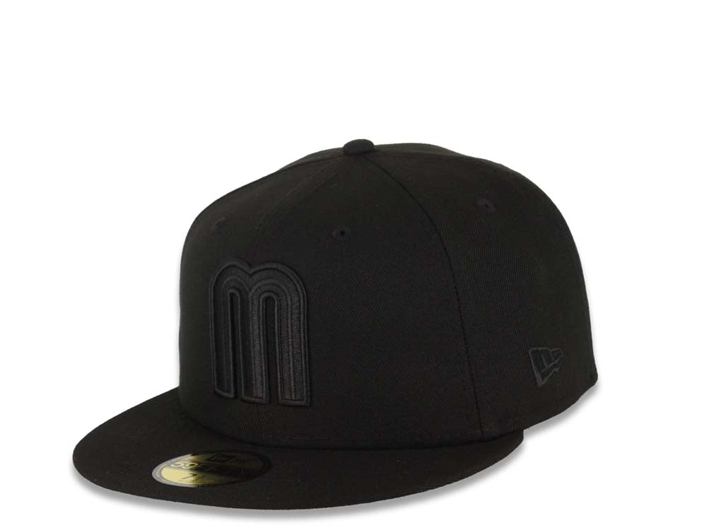 Mexico New Era WBC 59FIFTY 5950 Fitted Cap Hat Black Crown/Visor Black Logo Mexico Flag Side Patch Gray UV