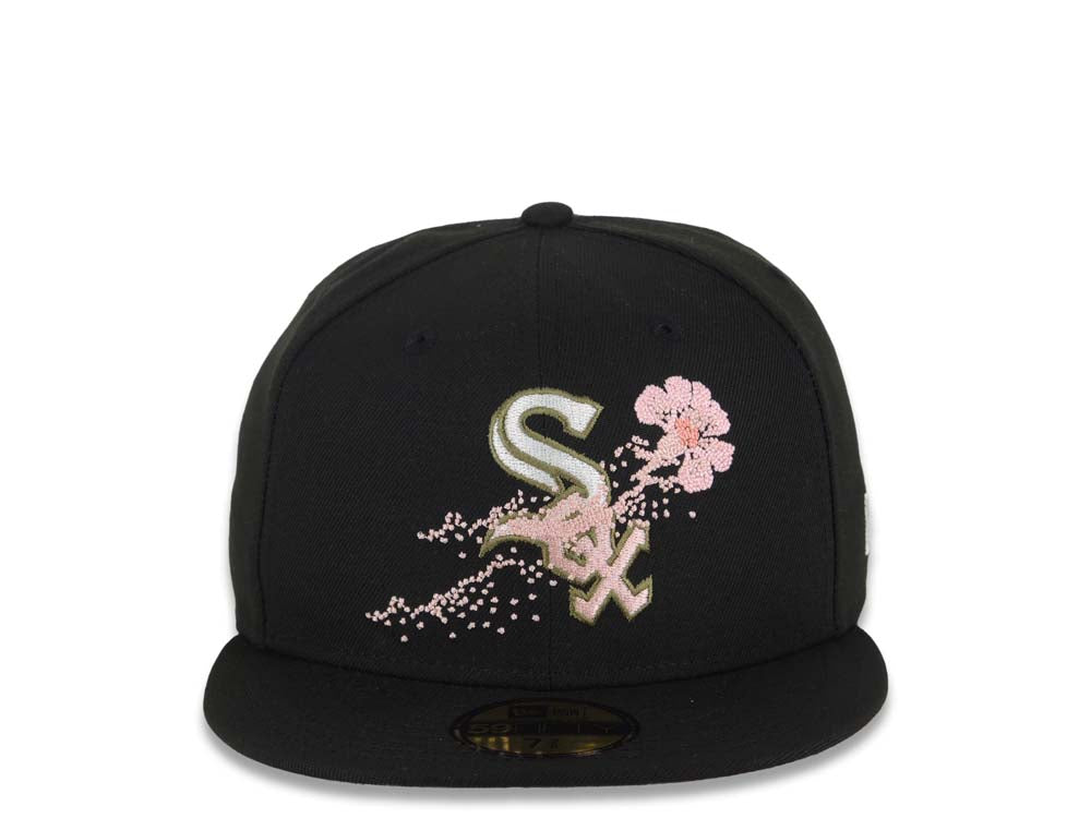 Chicago White Sox New Era MLB 59FIFTY 5950 Fitted Cap Hat Black Crown/Visor White/Olive Green/Pink Logo Dotted Floral Gray UV