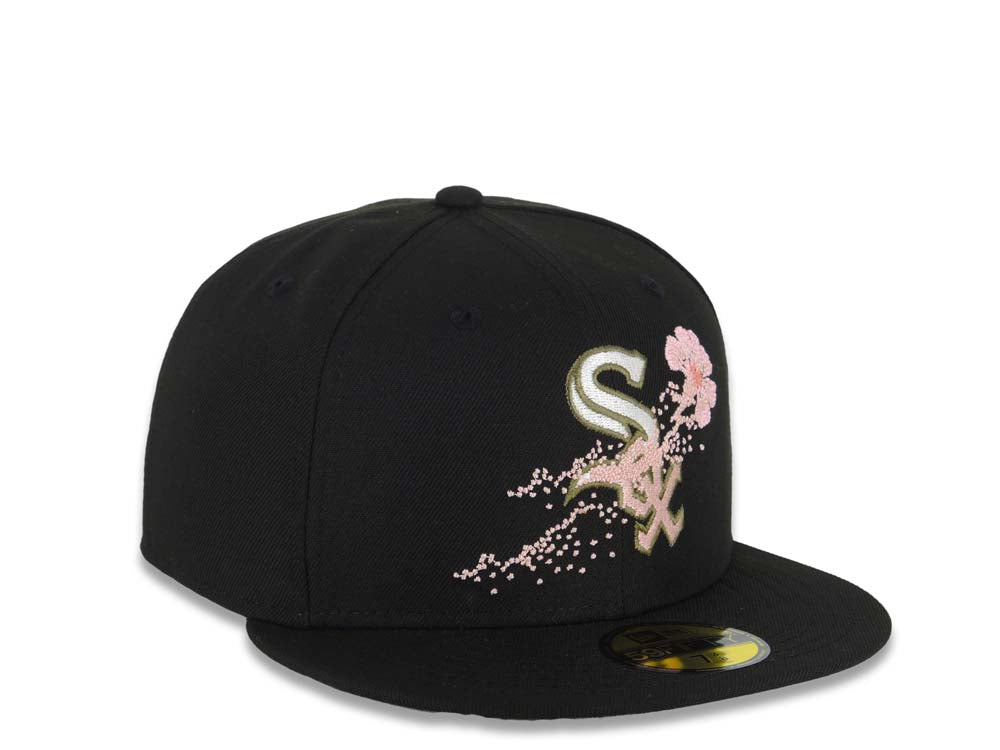 Chicago White Sox New Era MLB 59FIFTY 5950 Fitted Cap Hat Black Crown/Visor White/Olive Green/Pink Logo Dotted Floral Gray UV