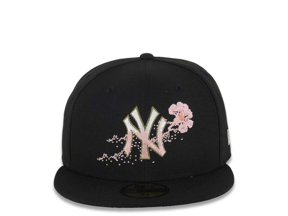 New York Yankees New Era MLB 59FIFTY 5950 Fitted Cap Hat Black Crown/Visor White/Olive Green/Pink Logo Dotted Floral Gray UV