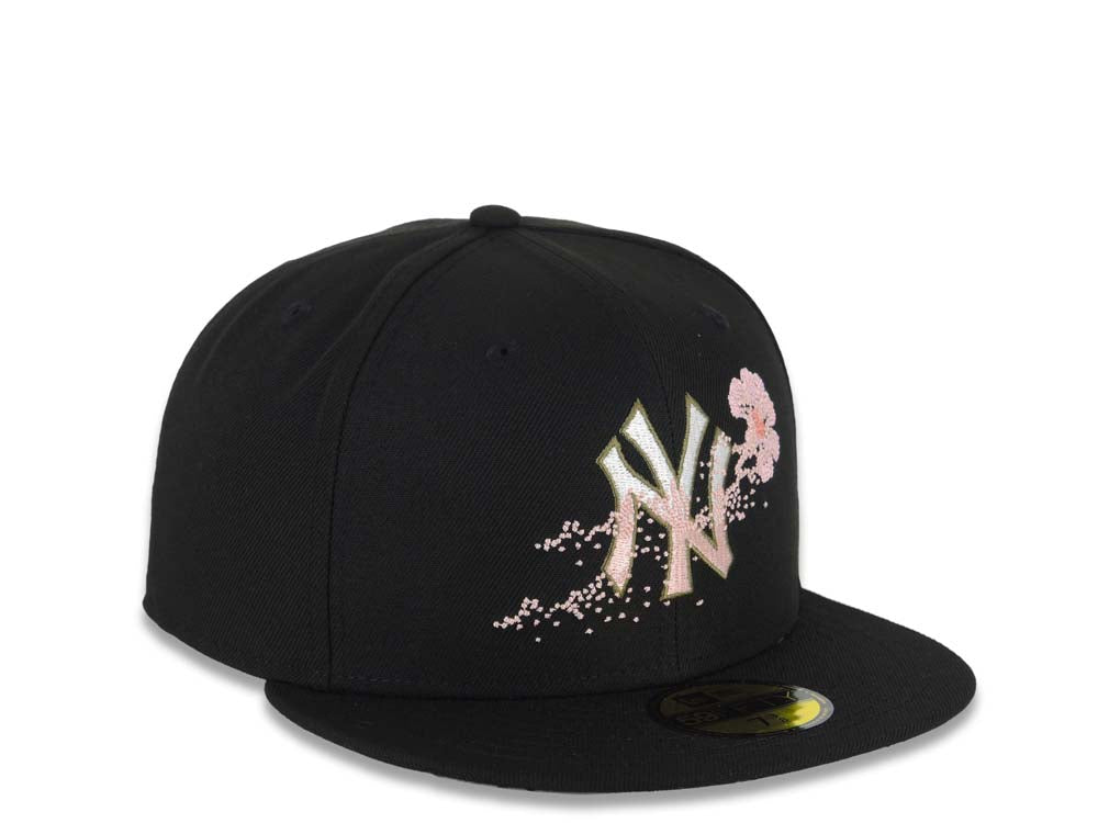 New York Yankees New Era MLB 59FIFTY 5950 Fitted Cap Hat Black Crown/Visor White/Olive Green/Pink Logo Dotted Floral Gray UV