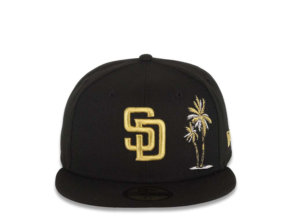 San Diego Padres New Era MLB 59FIFTY 5950 Fitted Cap Hat Black Crown/Visor Metallic Gold Logo With Palm Tree Gray UV