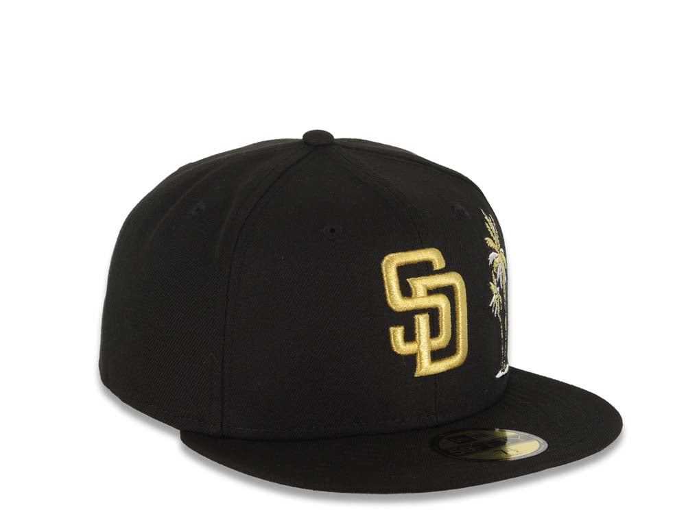 San Diego Padres New Era MLB 59FIFTY 5950 Fitted Cap Hat Black Crown/Visor Metallic Gold Logo With Palm Tree Gray UV