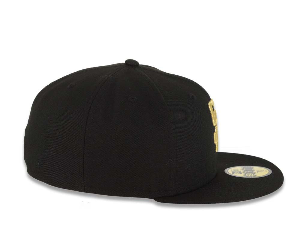 San Diego Padres New Era MLB 59FIFTY 5950 Fitted Cap Hat Black Crown/Visor Metallic Gold Logo With Palm Tree Gray UV