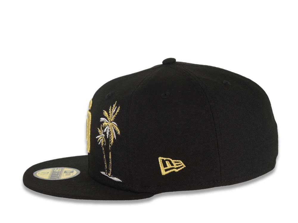 San Diego Padres New Era MLB 59FIFTY 5950 Fitted Cap Hat Black Crown/Visor Metallic Gold Logo With Palm Tree Gray UV