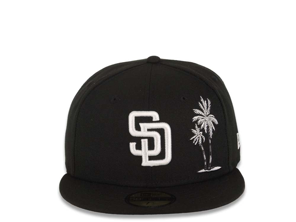 San Diego Padres New Era MLB 59FIFTY 5950 Fitted Cap Hat Black Crown/Visor White Logo With Palm Tree Gray UV