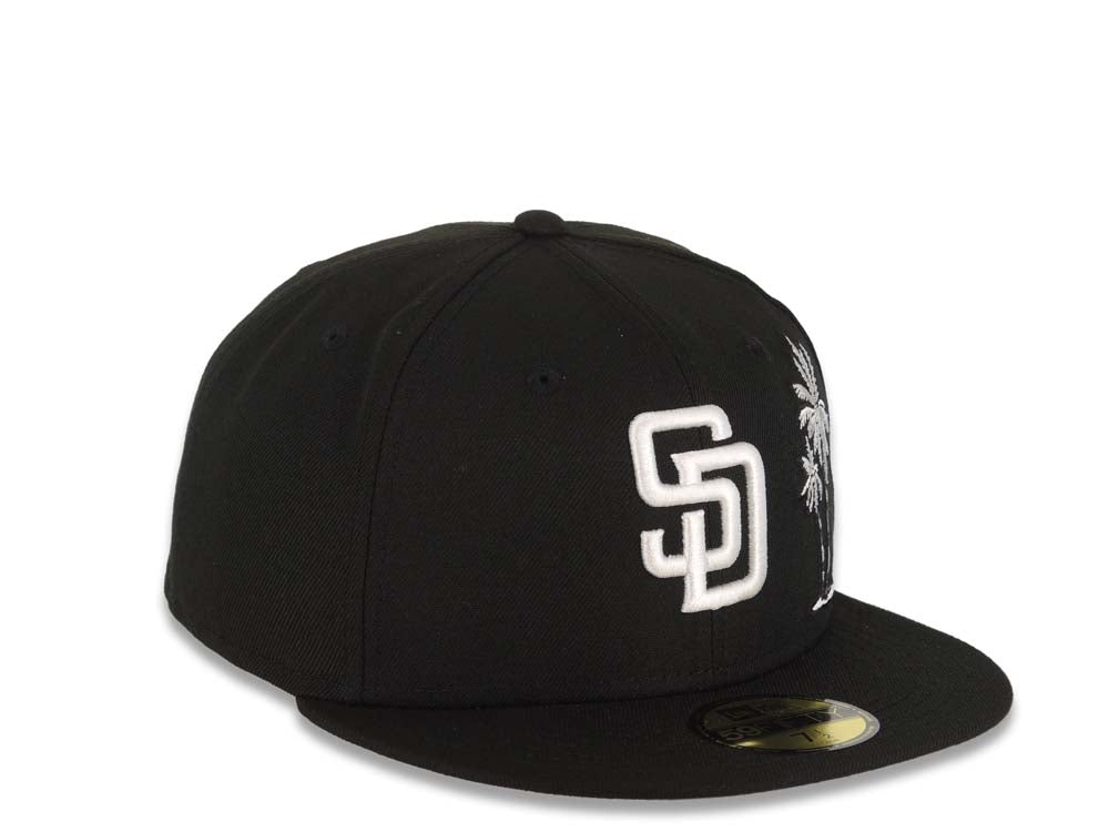 San Diego Padres New Era MLB 59FIFTY 5950 Fitted Cap Hat Black Crown/Visor White Logo With Palm Tree Gray UV
