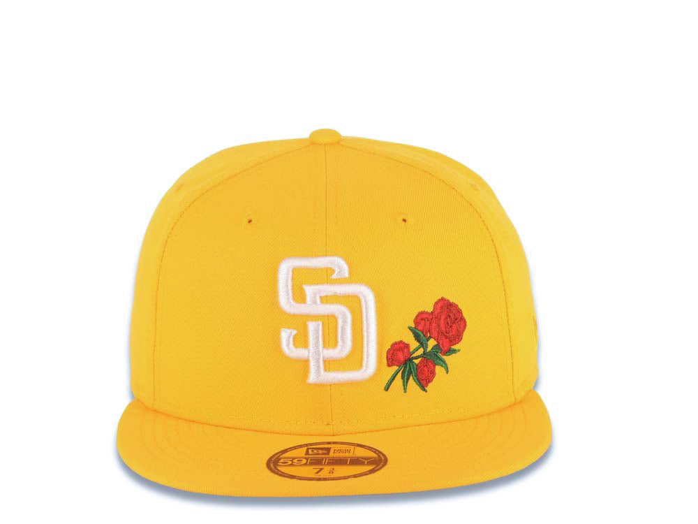 San Diego Padres New Era MLB 59FIFTY 5950 Fitted Cap Hat Yellow Crown/Visor White Logo With Rose Gray UV
