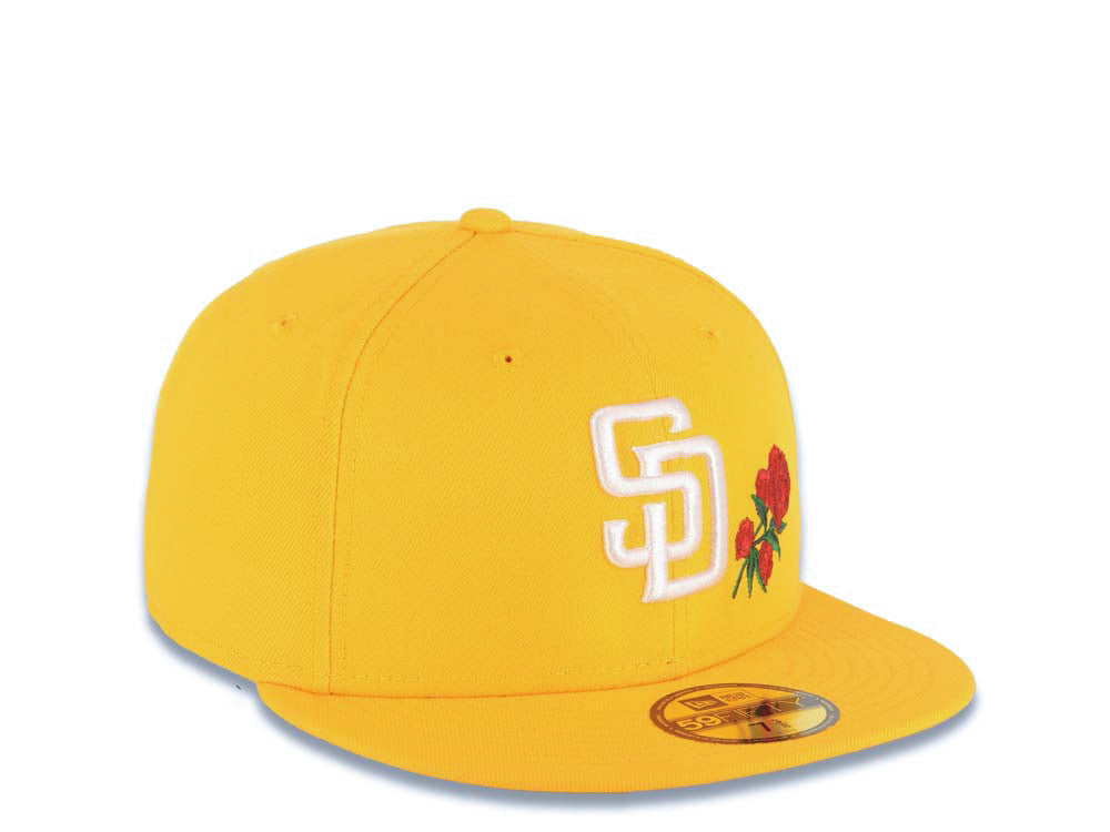San Diego Padres New Era MLB 59FIFTY 5950 Fitted Cap Hat Yellow Crown/Visor White Logo With Rose Gray UV