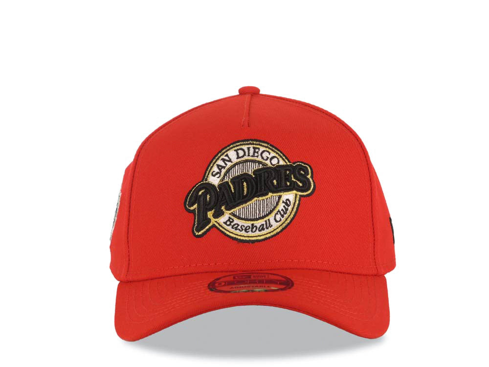 San Diego Padres New Era MLB 9FORTY 940 Adjustable A-Frame Cap Hat Red Crown/Visor Black/White/Gold Baseball Club Logo 1998 World Series Side Patch