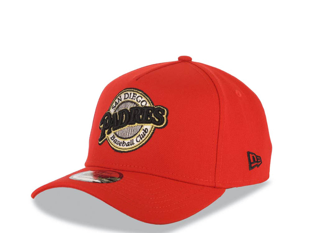 San Diego Padres New Era MLB 9FORTY 940 Adjustable A-Frame Cap Hat Red Crown/Visor Black/White/Gold Baseball Club Logo 1998 World Series Side Patch