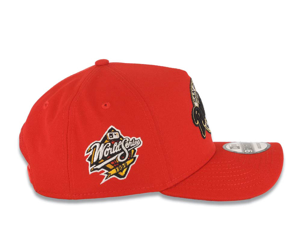 San Diego Padres New Era MLB 9FORTY 940 Adjustable A-Frame Cap Hat Red Crown/Visor Black/White/Gold Baseball Club Logo 1998 World Series Side Patch