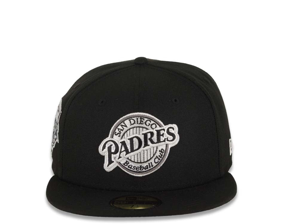 San Diego Padres New Era MLB 59FIFTY 5950 Fitted Cap Hat Black Crown/Visor Black/White Baseball Club Logo 1992 All-Star Game Side Patch Gray UV