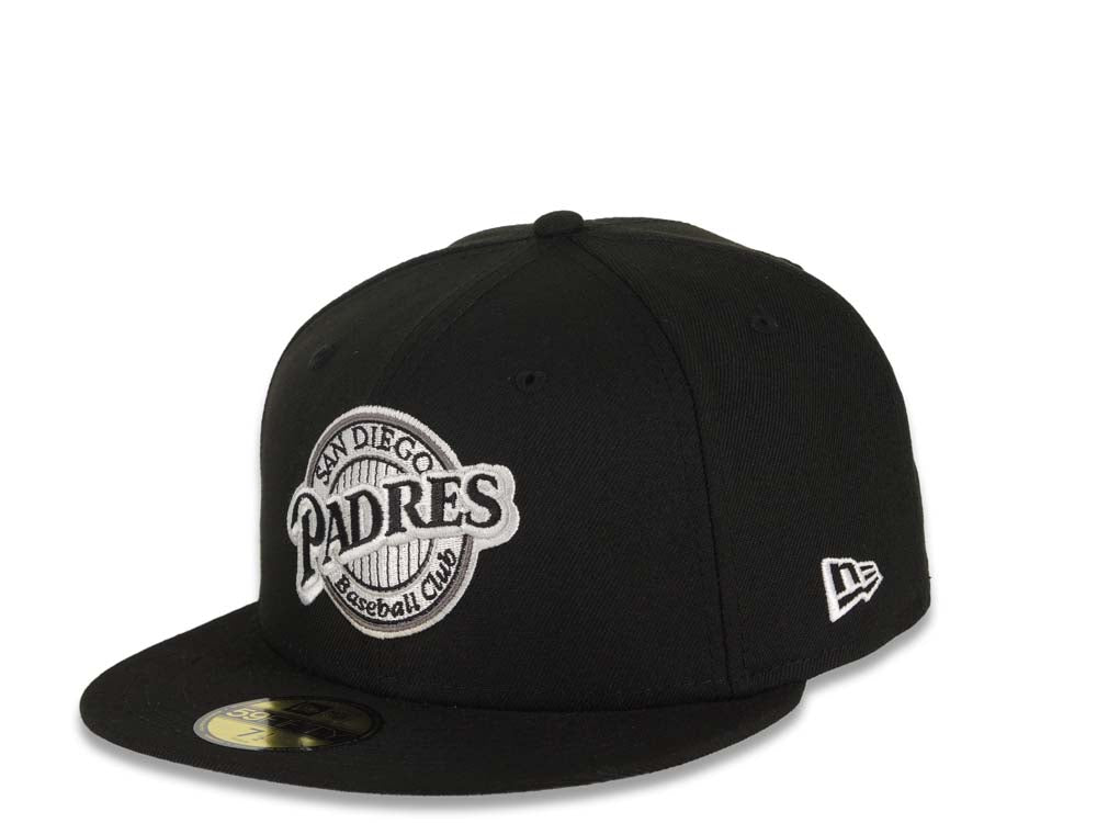 San Diego Padres New Era MLB 59FIFTY 5950 Fitted Cap Hat Black Crown/Visor Black/White Baseball Club Logo 1992 All-Star Game Side Patch Gray UV