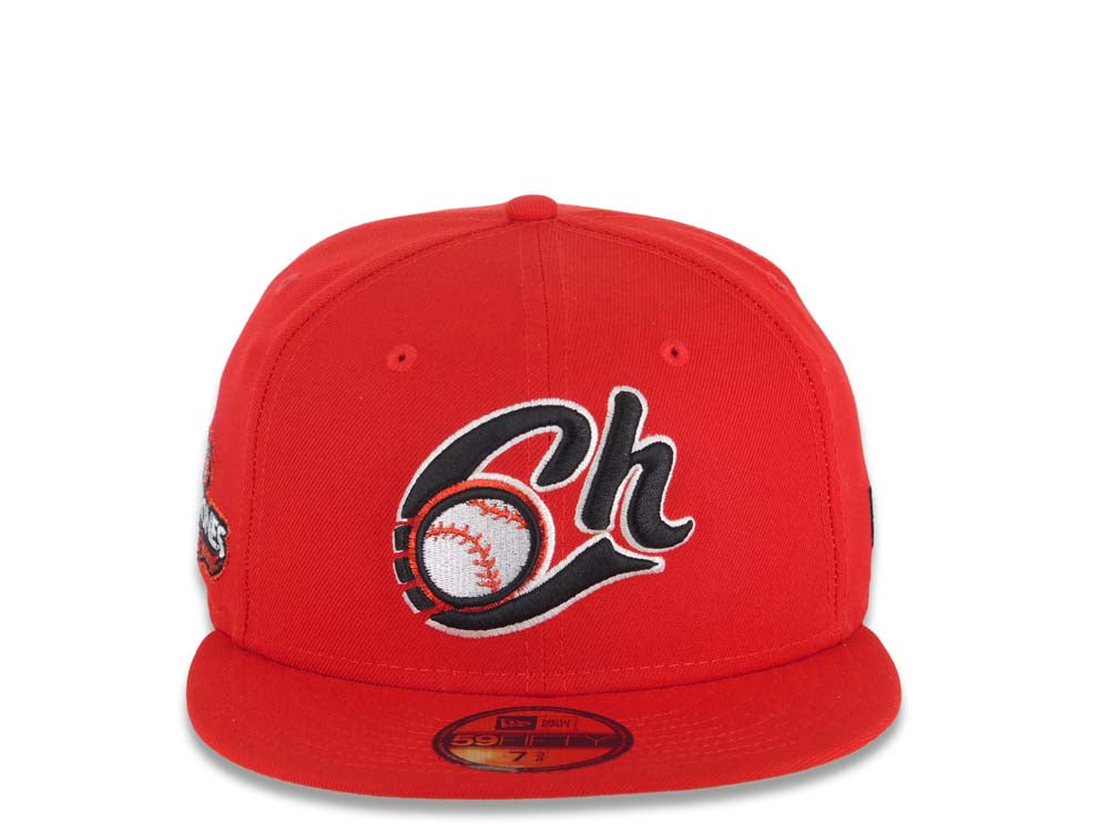 Charros de Jalisco New Era LMP 59FIFTY 5950 Fitted Cap Hat Red Crown/Visor Black/White/Metallic Red Logo 2022 Campeones Side Patch Light Yellow UV