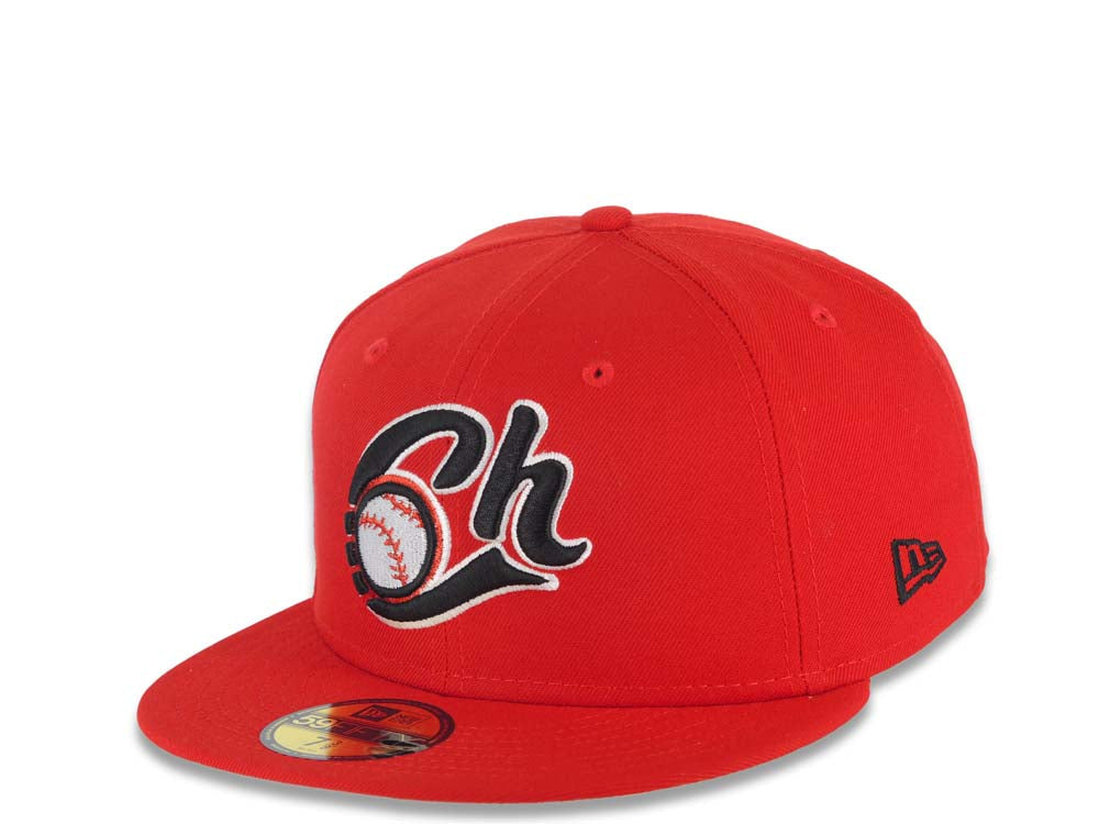 Charros de Jalisco New Era LMP 59FIFTY 5950 Fitted Cap Hat Red Crown/Visor Black/White/Metallic Red Logo 2022 Campeones Side Patch Light Yellow UV