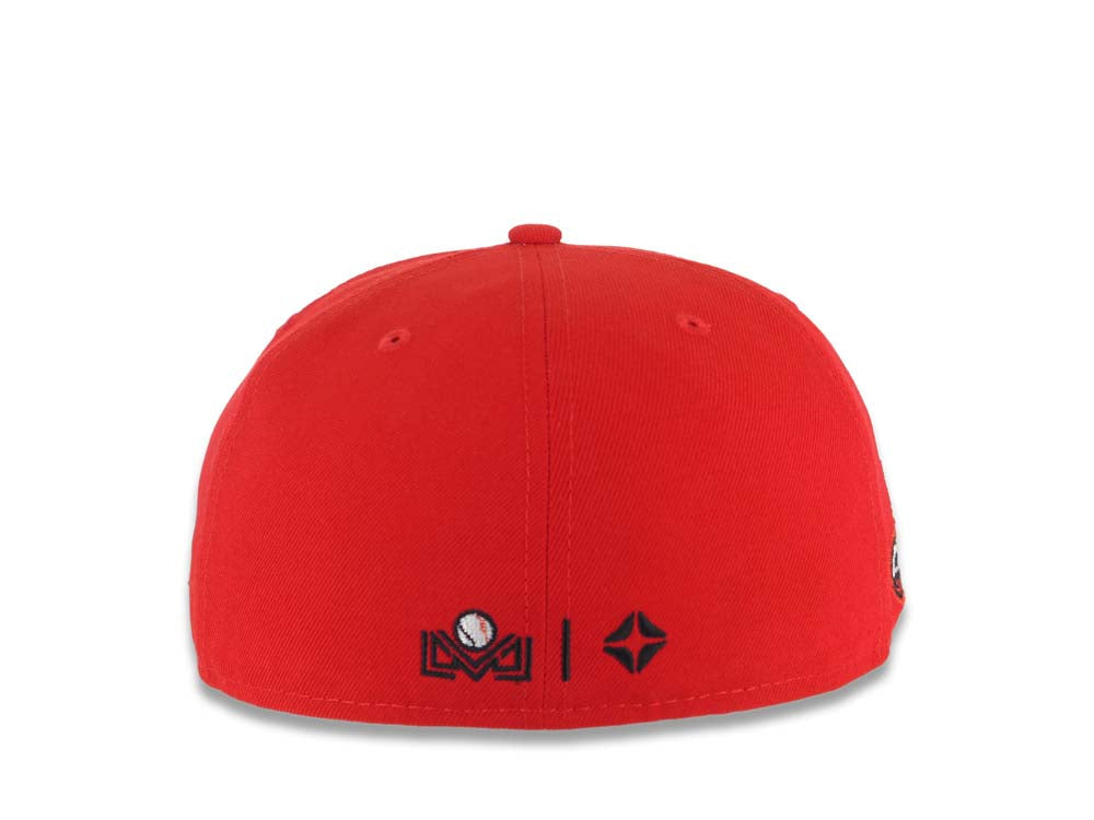 Charros de Jalisco New Era LMP 59FIFTY 5950 Fitted Cap Hat Red Crown/Visor Black/White/Metallic Red Logo 2022 Campeones Side Patch Light Yellow UV