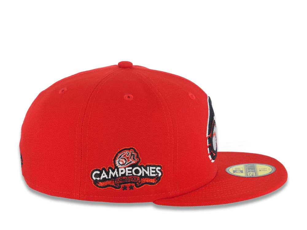 Charros de Jalisco New Era LMP 59FIFTY 5950 Fitted Cap Hat Red Crown/Visor Black/White/Metallic Red Logo 2022 Campeones Side Patch Light Yellow UV