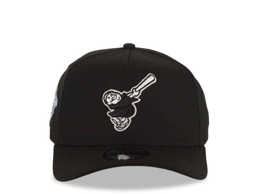 San Diego Padres New Era MLB 9FORTY 940 A-Frame Adjustable Cap Hat Black Crown/Visor Black/White Swinging Friar Logo 1998 World Series Side Patch