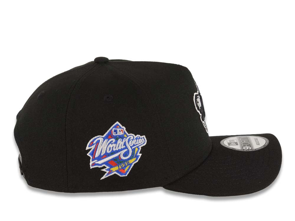San Diego Padres New Era MLB 9FORTY 940 A-Frame Adjustable Cap Hat Black Crown/Visor Black/White Swinging Friar Logo 1998 World Series Side Patch