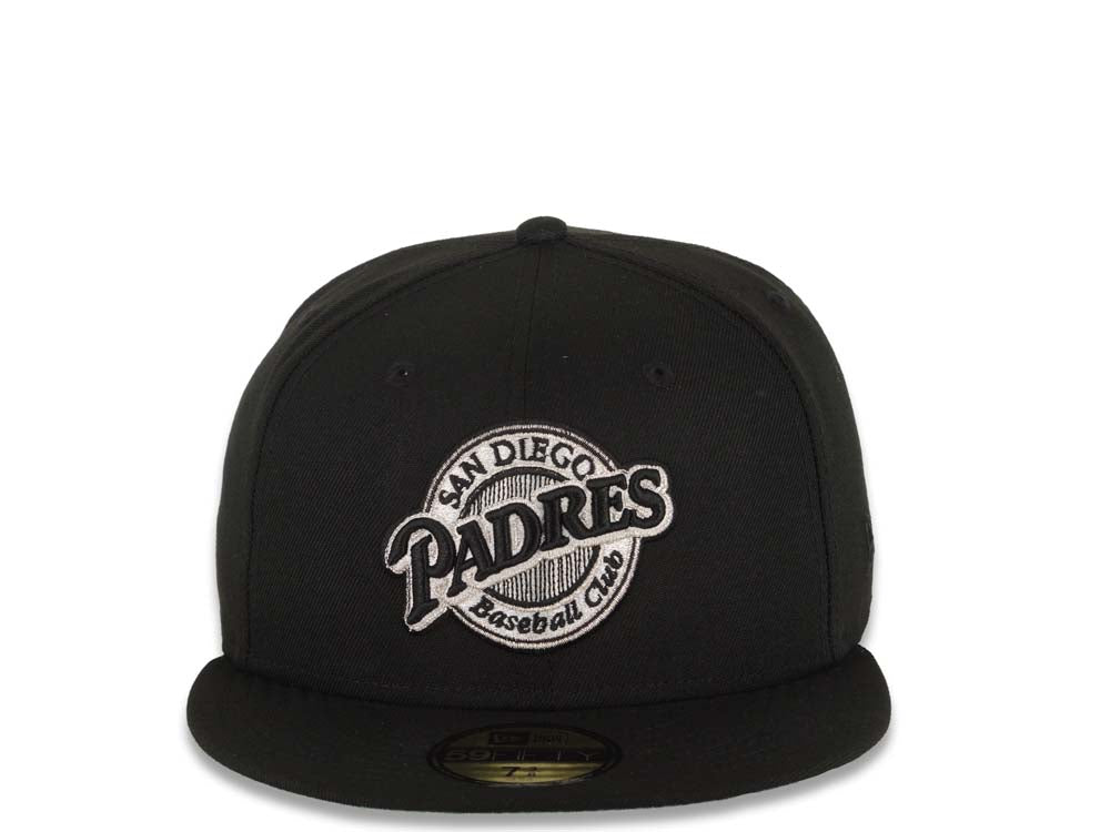 San Diego Padres New Era MLB 59FIFTY 5950 Fitted Cap Hat Black Crown/Visor Black/White Baseball Club Logo Green UV