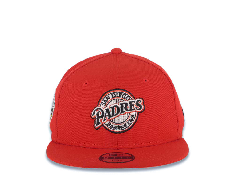 (Youth) San Diego Padres New Era MLB 9FIFTY 950 Kid Snapback Cap Hat Red Crown/Visor Black/Red Baseball Club Logo 1998 World Series Side Patch