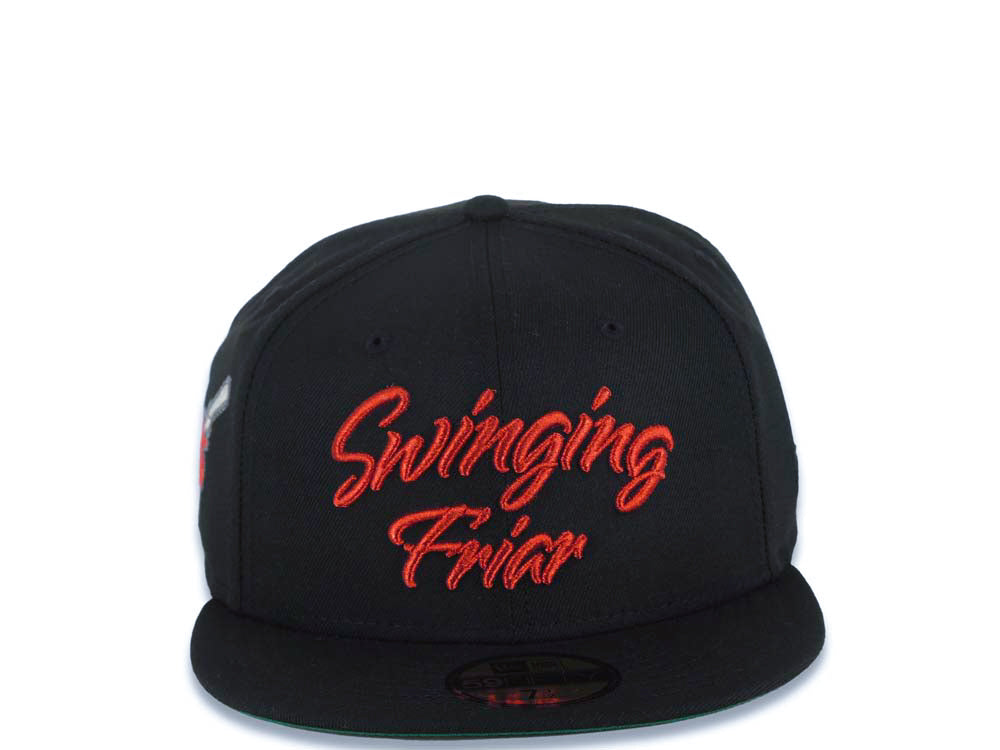 San Diego Padres New Era MLB 59FIFTY 5950 Fitted Cap Hat Black Crown/Visor Metallic Red Script Logo Swinging Friar Side Patch Green UV