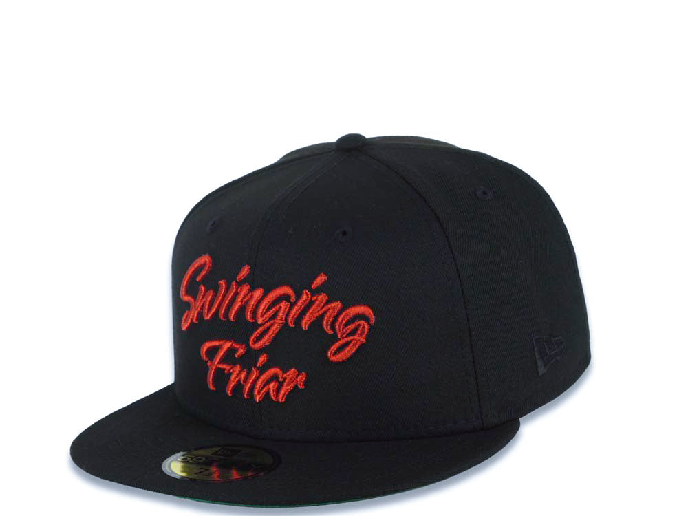 San Diego Padres New Era MLB 59FIFTY 5950 Fitted Cap Hat Black Crown/Visor Metallic Red Script Logo Swinging Friar Side Patch Green UV