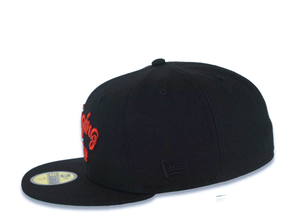 San Diego Padres New Era MLB 59FIFTY 5950 Fitted Cap Hat Black Crown/Visor Metallic Red Script Logo Swinging Friar Side Patch Green UV