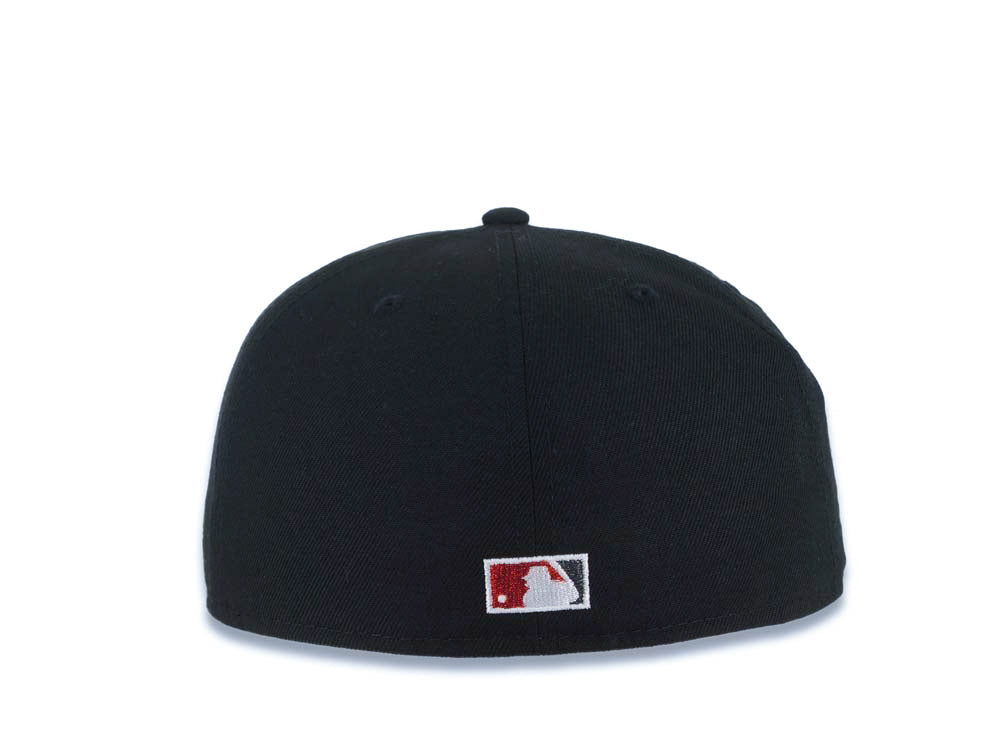 San Diego Padres New Era MLB 59FIFTY 5950 Fitted Cap Hat Black Crown/Visor Metallic Red Script Logo Swinging Friar Side Patch Green UV