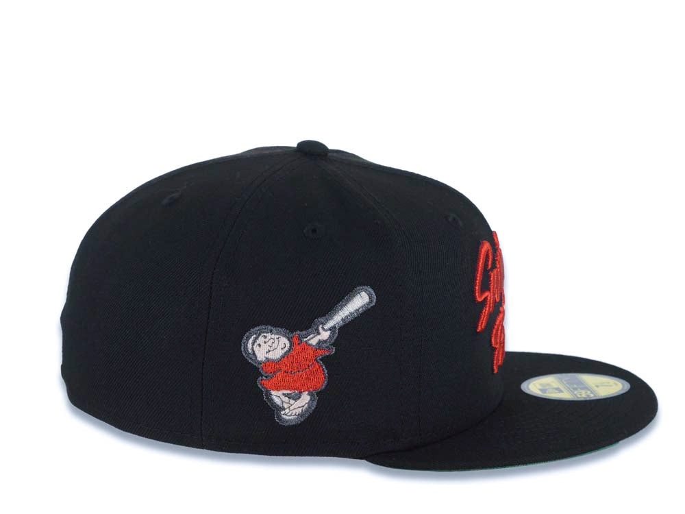 San Diego Padres New Era MLB 59FIFTY 5950 Fitted Cap Hat Black Crown/Visor Metallic Red Script Logo Swinging Friar Side Patch Green UV
