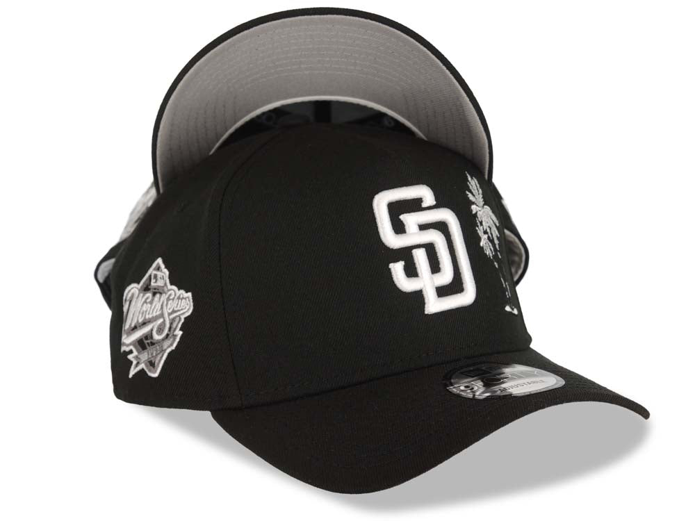 San Diego Padres New Era MLB 9FORTY 940 Adjustable A-Frame Cap Hat Black Crown/Visor White Logo With Palm Tree 1998 World Series Side Patch Gray UV