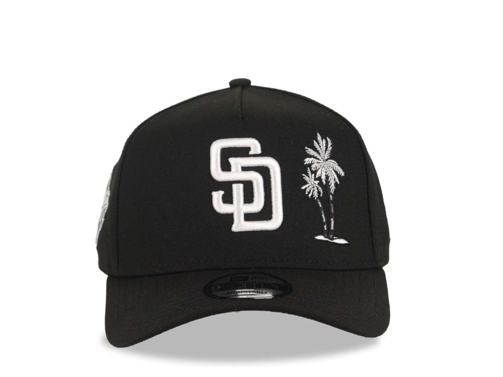 San Diego Padres New Era MLB 9FORTY 940 Adjustable A-Frame Cap Hat Black Crown/Visor White Logo With Palm Tree 1998 World Series Side Patch Gray UV