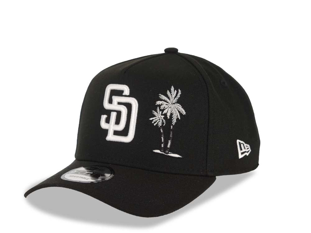 San Diego Padres New Era MLB 9FORTY 940 Adjustable A-Frame Cap Hat Black Crown/Visor White Logo With Palm Tree 1998 World Series Side Patch Gray UV