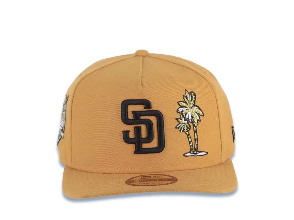 San Diego Padres New Era MLB 9FIFTY 950 Snapback A-Frame Cap Hat Tan Crown/Visor Black Logo With Palm Tree 40th Anniversary Side Patch Wheat UV