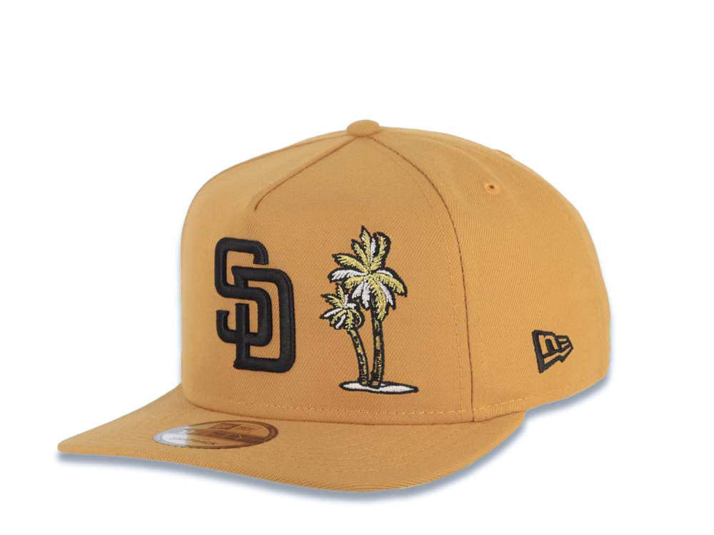 San Diego Padres New Era MLB 9FIFTY 950 Snapback A-Frame Cap Hat Tan Crown/Visor Black Logo With Palm Tree 40th Anniversary Side Patch Wheat UV