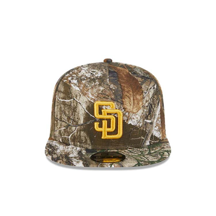 San Diego Padres New Era MLB 9FIFTY 950 A-Frame Snapback Cap Hat Real Tree Edge Camo Crown/Visor Yellow Logo Gray UV