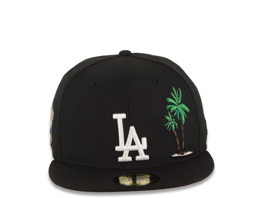 Los Angeles Dodgers New Era MLB 59FIFTY 5950 Fitted Cap Hat Black Crown/Visor White Logo With Palm Tree 40th Anniversary Side Patch Red UV