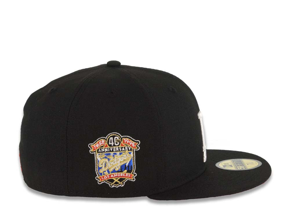 Los Angeles Dodgers New Era MLB 59FIFTY 5950 Fitted Cap Hat Black Crown/Visor White Logo With Palm Tree 40th Anniversary Side Patch Red UV