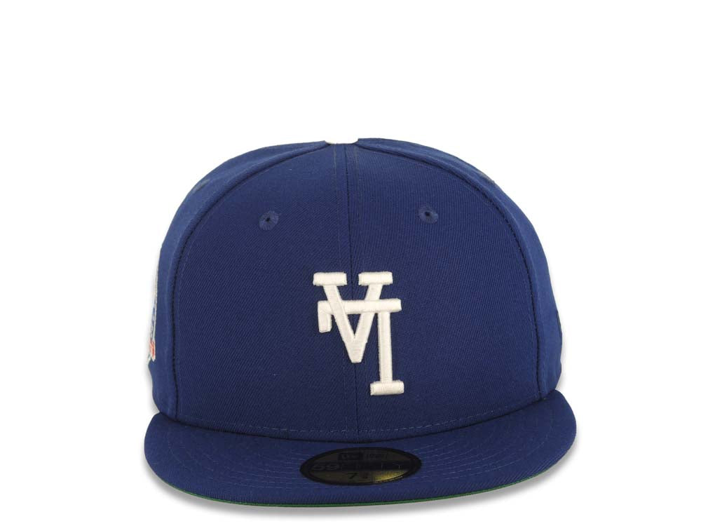 Los Angeles Dodgers New Era MLB 59FIFTY 5950 Fitted Cap Hat Dark Royal Crown/Visor White Upside Down Logo 60th Anniversary Side Patch Green UV