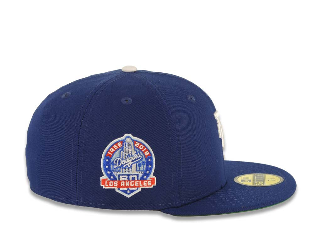 Los Angeles Dodgers New Era MLB 59FIFTY 5950 Fitted Cap Hat Dark Royal Crown/Visor White Upside Down Logo 60th Anniversary Side Patch Green UV