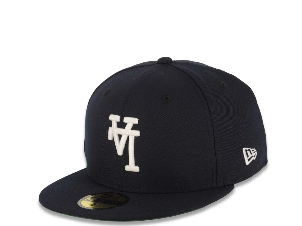 Los Angeles Dodgers New Era MLB 59FIFTY 5950 Fitted Cap Hat Navy Blue Crown/Visor White Upside Down Logo Batterman Batty Side Patch Green UV