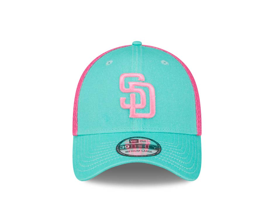 (City Connect) San Diego Padres New Era MLB 39THIRTY 3930 Flexfit Mesh/Trucker Cap Hat Teal/Magenta Crown Teal Visor Pink Logo