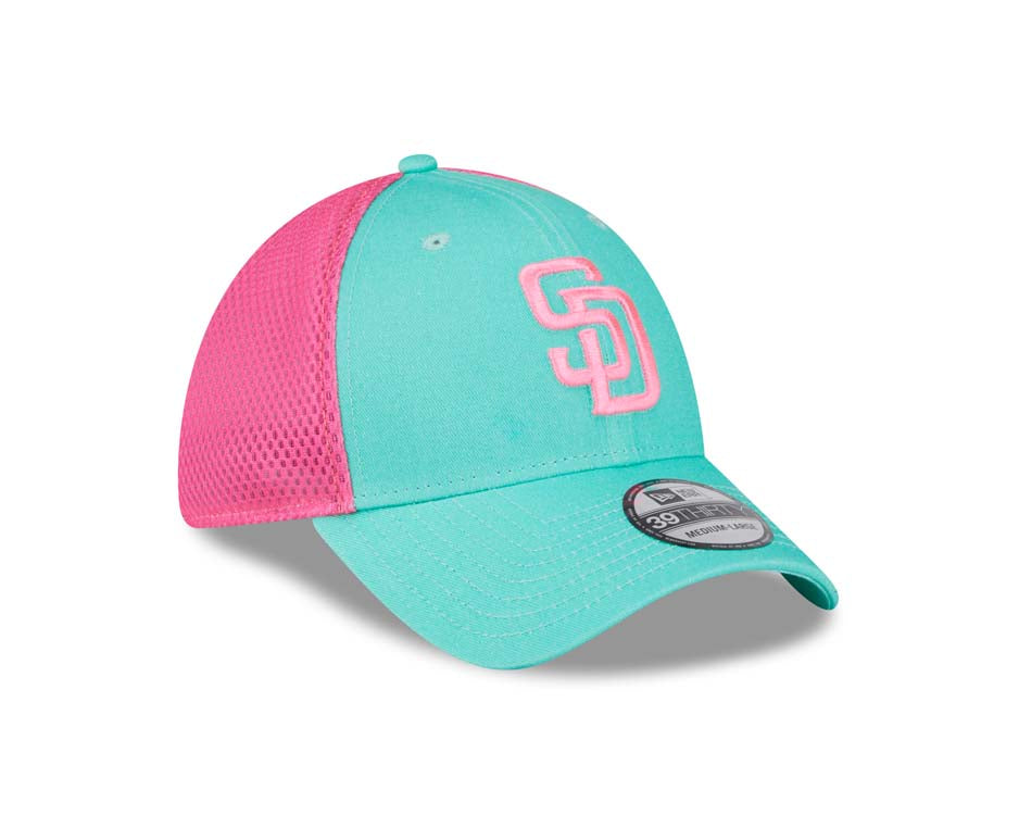(City Connect) San Diego Padres New Era MLB 39THIRTY 3930 Flexfit Mesh/Trucker Cap Hat Teal/Magenta Crown Teal Visor Pink Logo
