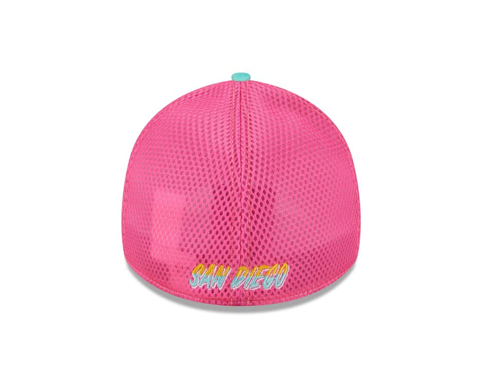 (City Connect) San Diego Padres New Era MLB 39THIRTY 3930 Flexfit Mesh/Trucker Cap Hat Teal/Magenta Crown Teal Visor Pink Logo