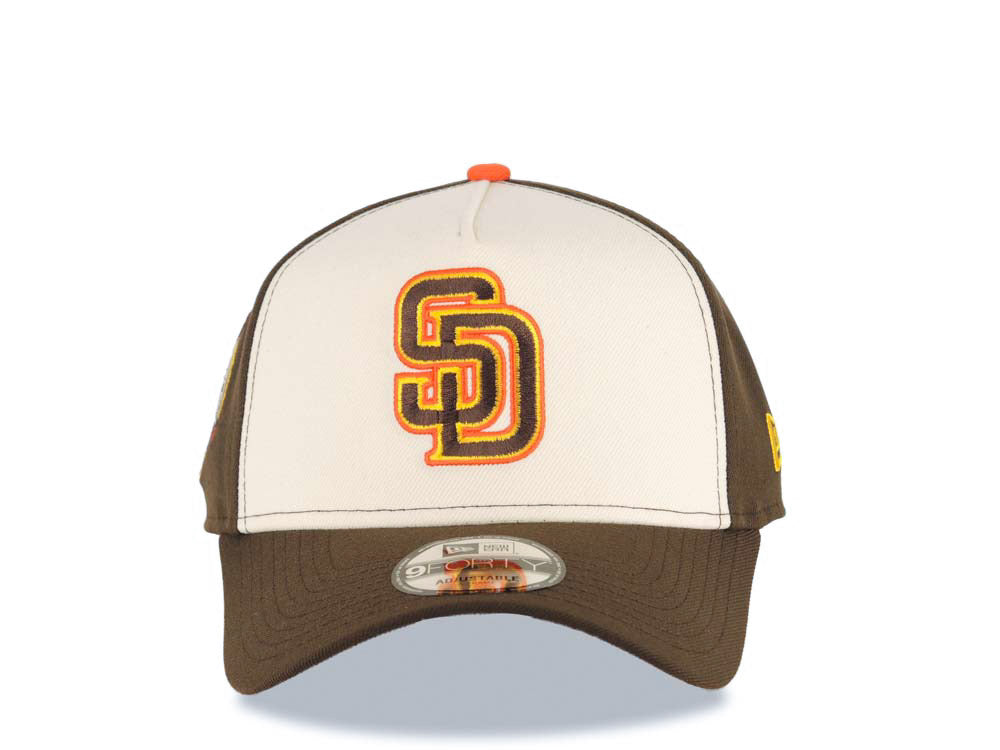 San Diego Padres New Era MLB 9FORTY 940 Adjustable A-Frame Cap Hat Cream/Brown Crown Brown Visor Brown/Yellow/Orange Logo 40th Anniversary Side Patch